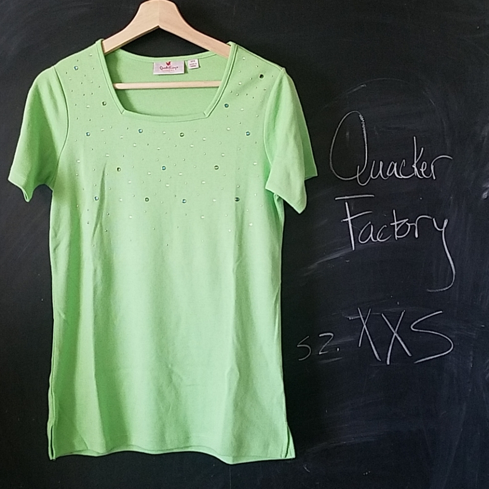 Quacker Factory Green Studded Jewel Tshirt Top XXS